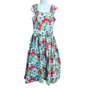 Vintage 80s Cotton Floral Fit & Flare Cottagecore Midi Dress M Basque Waist